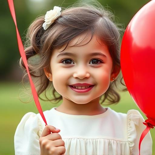 Bambina sorridente con gli occhi scintillanti che tiene in mano un palloncino rosso