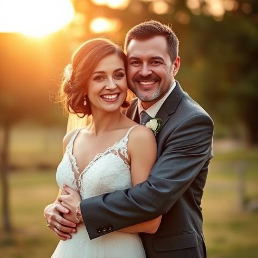 Coppia felice che si abbraccia durante un matrimonio all'aperto con luce dorata del tramonto