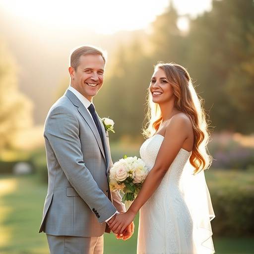 Coppia felice che si tiene per mano durante un matrimonio all'aperto con luce solare calda