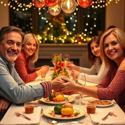 Famiglia riunita intorno a un tavolo festivo, con mani che si intrecciano e sorrisi radiosi