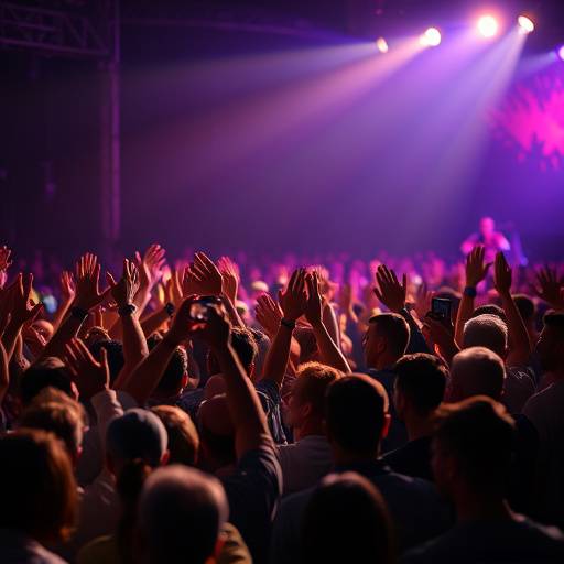 Folla di persone che applaudono durante un concerto, con luci sul palco