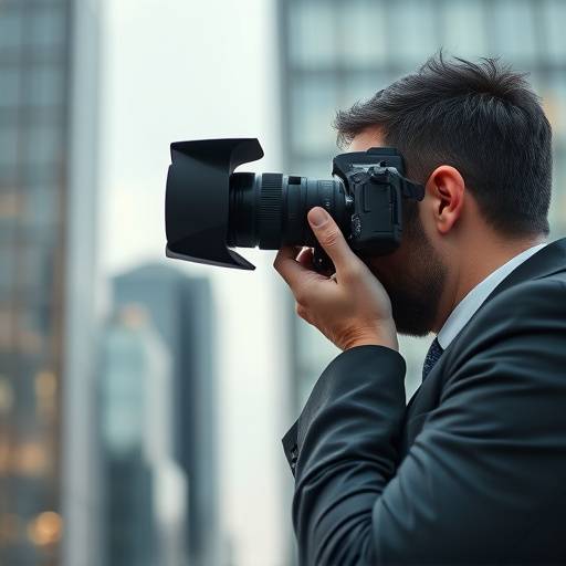 Fotografo professionale che ritrae un uomo d'affari con uno sfondo sfocato di grattacieli