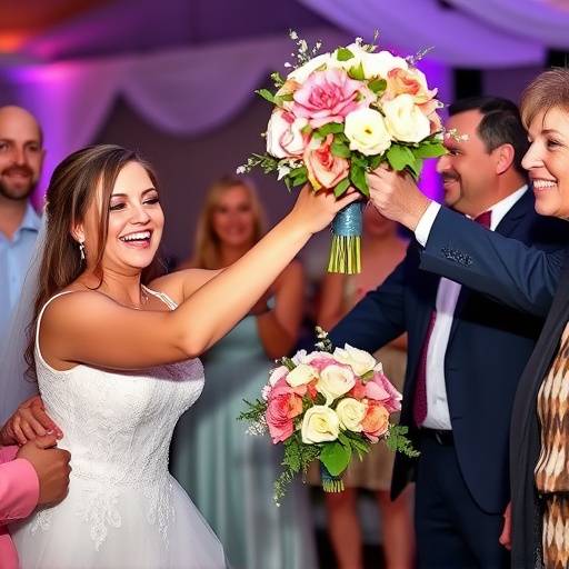 La sposa sorridente mentre lancia il bouquet alle amiche.