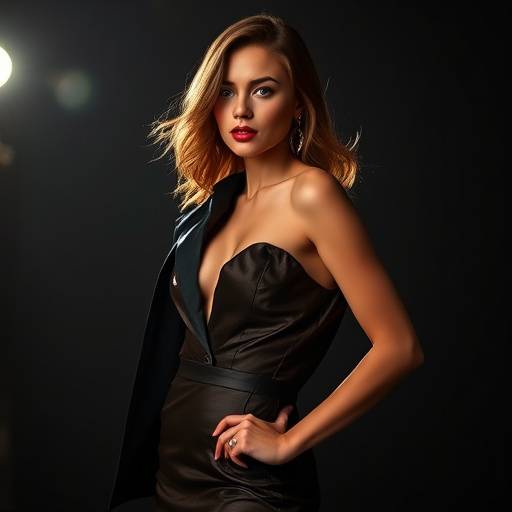Modella in posa con abiti eleganti e un'illuminazione drammatica