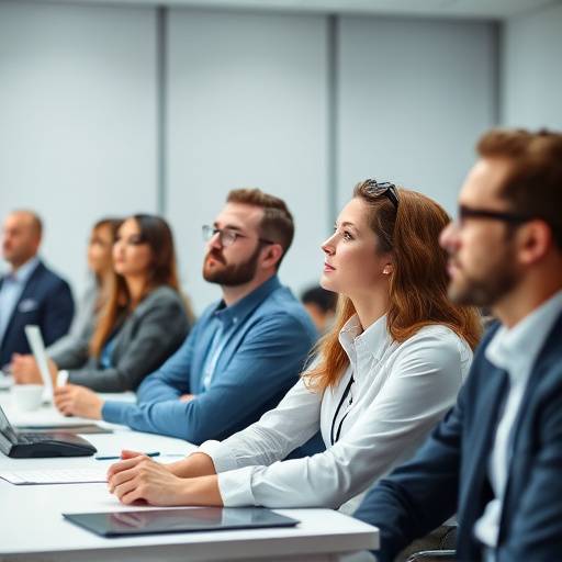 Professionisti che partecipano a un workshop aziendale, ascoltando attentamente un relatore.