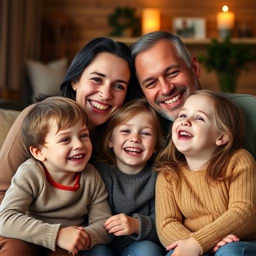 Ritratto di famiglia con genitori e due bambini che ridono insieme in un ambiente accogliente.