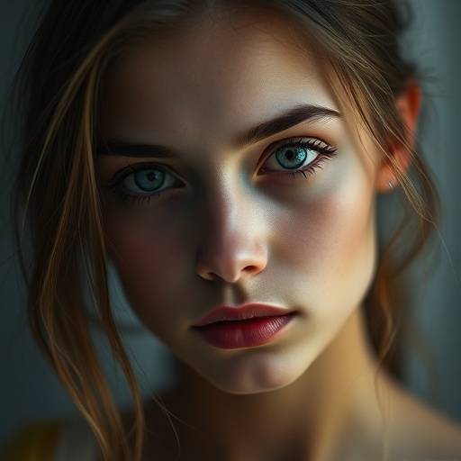 Ritratto di una giovane donna con uno sguardo intenso e sereno, illuminata da una luce soffusa.