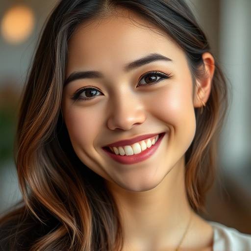 Ritratto di una giovane donna sorridente con luci morbide e uno sfondo sfocato