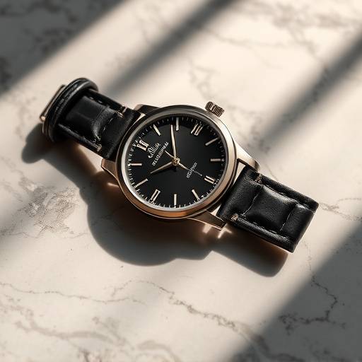 Un elegante orologio da polso posizionato su una superficie di marmo, con luci e ombre che ne esaltano i dettagli.