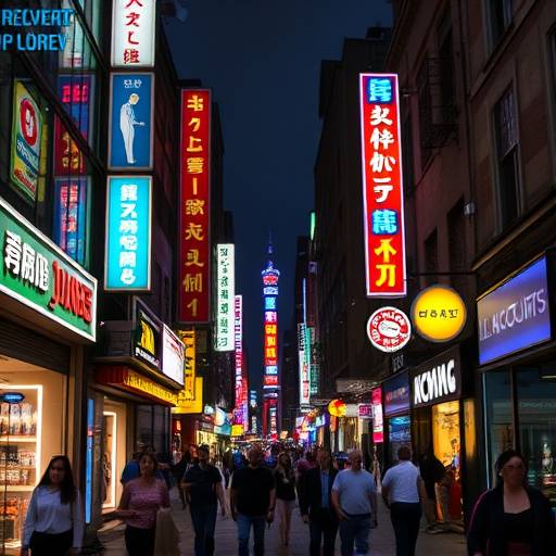 Un quartiere vivace di notte, con insegne luminose e persone che passeggiano, evocando energia urbana.