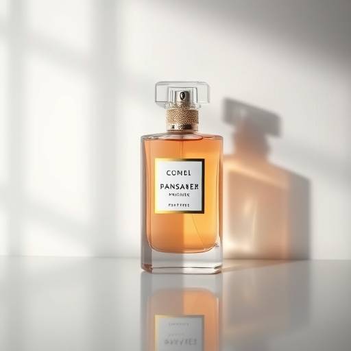 Una bottiglia di profumo di lusso su uno sfondo minimalista, con riflessi che creano un'aura di eleganza.