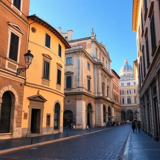 Una strada storica di Roma con ciottoli antichi e architetture suggestive sotto un cielo azzurro.