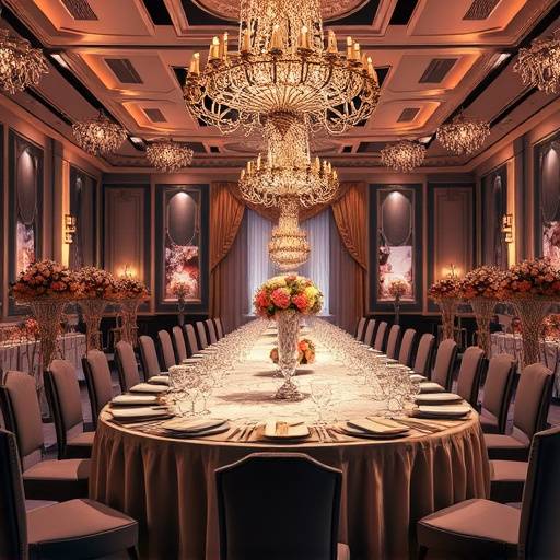 Una tavola imbandita per un evento di gala aziendale, con decorazioni eleganti.